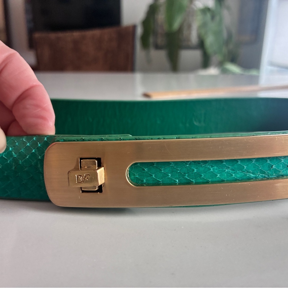 Women's DVF Green Snakeskin-Texture Belt with Gold Buckle